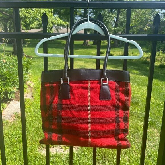 Burberry Nova Check Wool Plaid Leather Tote - Picture 2 of 9